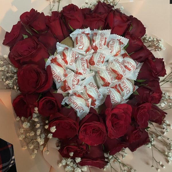 40 Red Roses with Rafello Chocolate bouquet premium